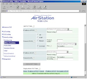 Buffalo WBR-G54: Address Translation screen