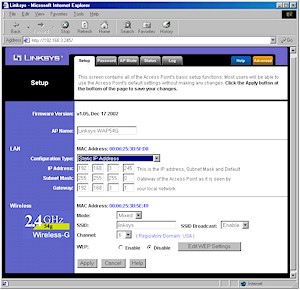 Linksys WAP54G: Setup screen