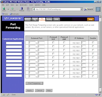 Linksys WRT55AG - Port Forwarding screen