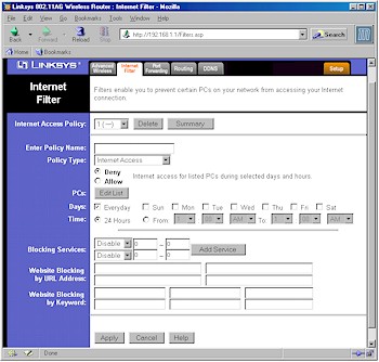 Linksys WRT55AG - Filters screen