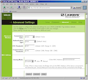 Linksys WET54G - Advanced screen