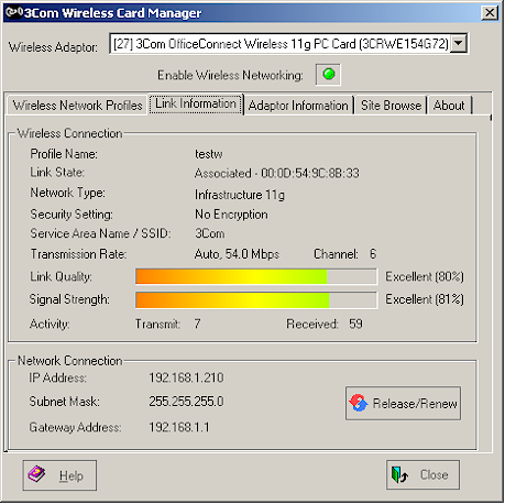 3Com 11g Wireless card: Card Manager