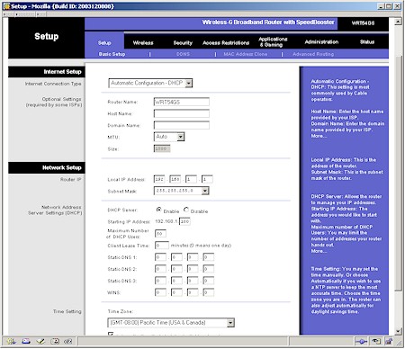 Linksys WRT54GS - Setup screen