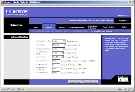 Linksys WRT54GS - Advanced Wireless Setup screen