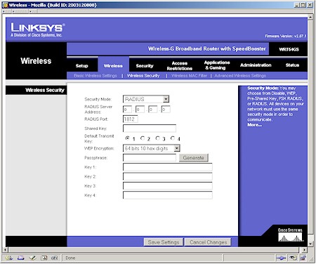 Linksys WRT54GS - RADIUS settings