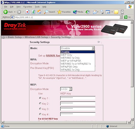 Vigor 2900G - Wireless Security settings