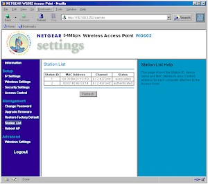NETGEAR WG602- Station List screen
