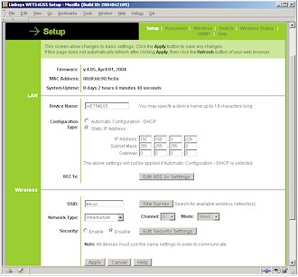 Linksys WET54GS5 Setup screen