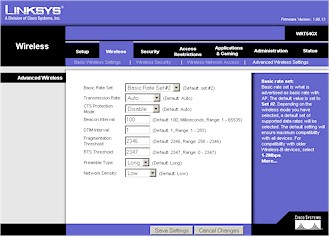 WRT54GX Advanced Wireless Setup screen