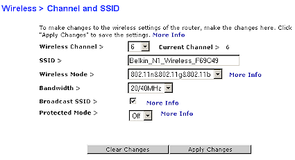 Wireless settings screen