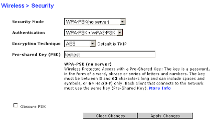 Wireless Security screen