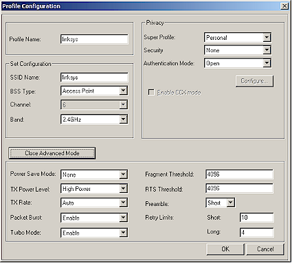 Wi-Fire Utility Profile Configuration screen