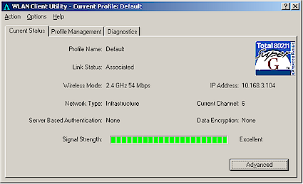 WLAN Client Utility Status screen