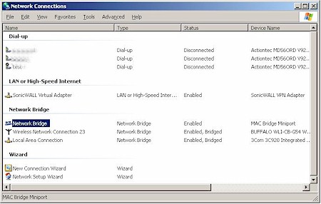 Network Connections showing Network Bridge