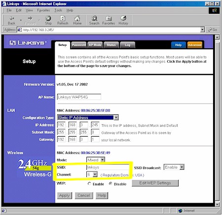 Linksys WAP54G access point setup screen