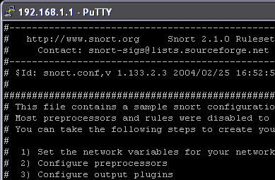 The snort.conf configuration file as seen in vi