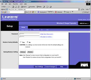 WRE54G Password screen
